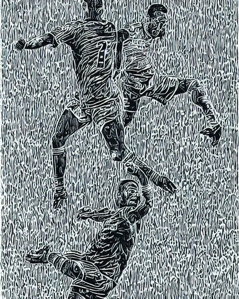 Prompt: a detailed lifelike linocut engraving of ronaldo fenomeno