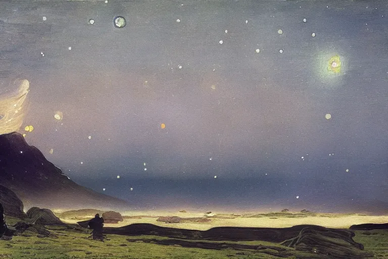 Prompt: night sky with clouds and stars, colorful, beautiful, national geographic, very detailed, oil painting, canvas, Theodor Kittelsen, Hermann Hendrich