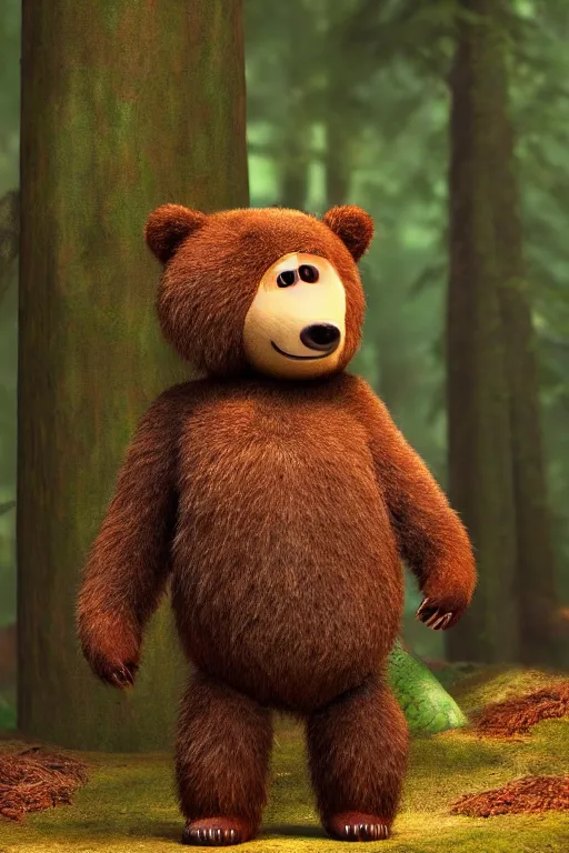 Image similar to cinematic shot of a cute anthropomorphic bear standing in the forest with his hands on his waist by greg rutowski and his face by pixar with a warm smile and big green eyes,, 8 k, masterpiece