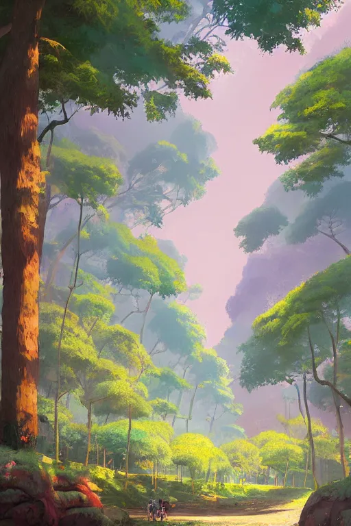 Image similar to avenida paulista in a colorful moutain with beautiful trees, morning, by studio ghibli painting, superior quality, masterpiece, traditional Japanese colors, by Grzegorz Rutkowski, concept art