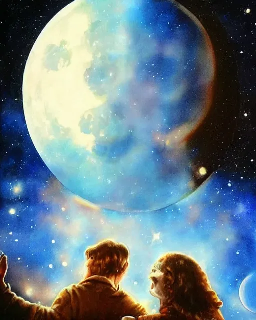 Image similar to full moon night sky background, airbrush, drew struzan illustration art, key art, movie poster