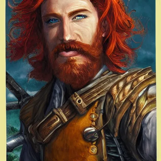 Image similar to an epic fantasy comic book style portrait painting of a long haired, red headed male sky - pirate in front of an airship