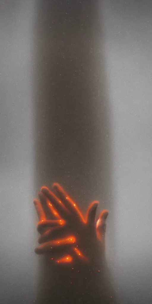 Image similar to a blurry closeup picture of hands around neck, dripping wet, no face, macro photography, long exposure photograph, surrealism, anamorphic bokeh, cozy, soft light, cyan and orange, caustic, atmospheric fog, octane render, cinematic