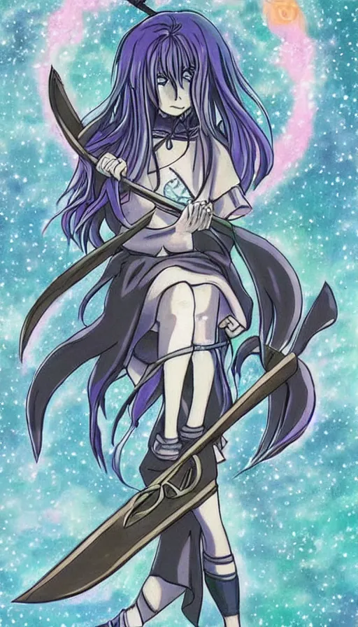 Image similar to a beautiful link drawing of the being death as a cute anime girl with a giant scythe from a studio ghibli film inspired by the death tarot card, dark vibes, pastel colors