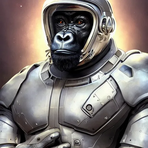 Prompt: science-fiction character portrait of a gorilla wearing a white armored space suit, intricate, wild, highly detailed, digital painting, artstation, shoulders up, concept art, smooth, sharp focus, illustration, art by artgerm and greg rutkowski and alphonse mucha