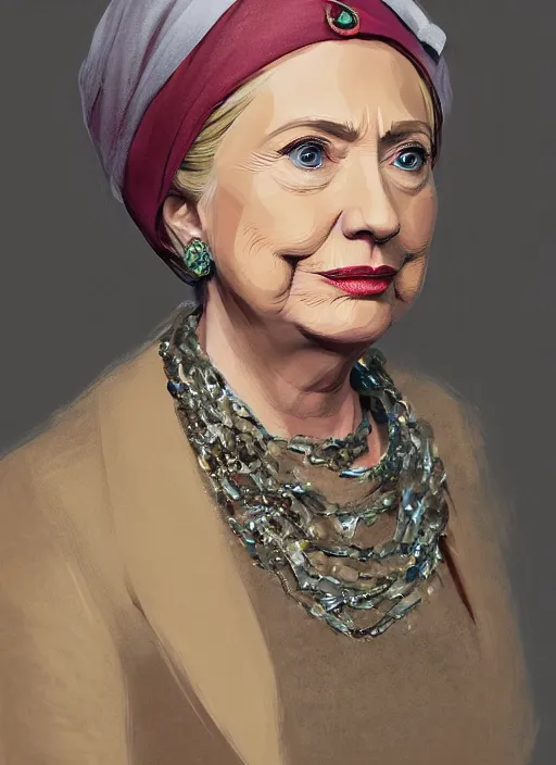 Image similar to portrait of hillary clinton as a muslim, jewelry, greek, ruby, victorian age, 1 8 9 0, intricate, headshot, key visual, conceptart, ambient lighting, highly detailed, digital painting, artstation, concept art, sharp focus, by makoto shinkai and akihiko yoshida and greg manchess