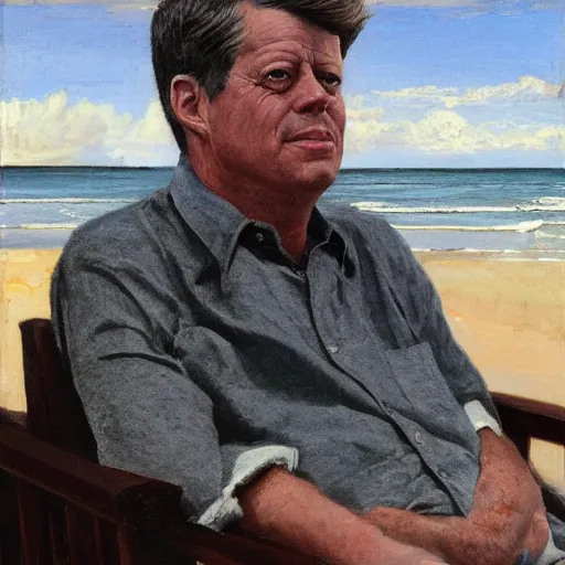 Image similar to portrait of john f kennedy, wrinkled, grey hair sitting on rocking chair, landscape of nantucket beach, dunes, ocean, bluff, handsome, hawaiian shirt, oil on canvas by william sidney mount - 1 9 8 2, trending on artstation