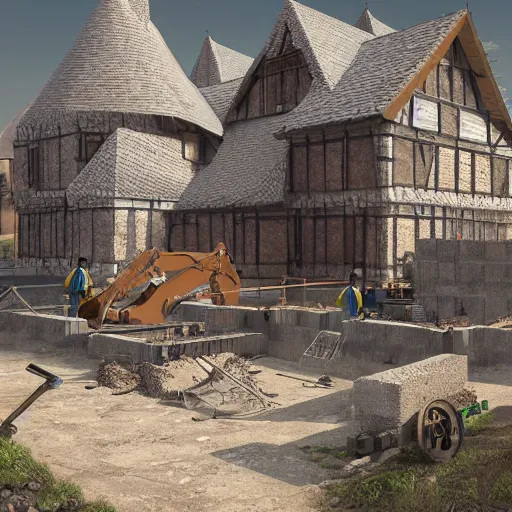 Image similar to digital artwork of construction site of a medieval house in construction. d & d, illustration, realism, trending on artstation, fantasy
