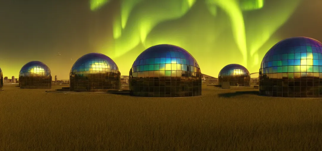 Prompt: futuristic shinny golden iridiscent mirror dome buildings in an abandoned landscape of a ruined solarpunk with overgrown vegetation alien city by mies van der rohe, movie poster, golden ratio, evening lighting, aurora borealis, film still, realistic, spaceships landing, octane render redshift arnold materials unreal engine, 8 k post production, hyper detailed