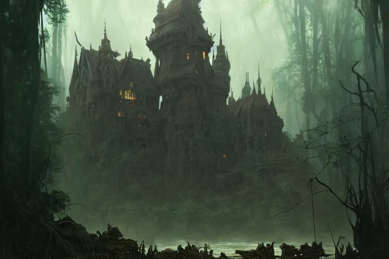 Image similar to old forgotten kingdom surrounded by murky swamps, deep focus, d & d, fantasy, intricate, elegant, highly detailed, digital painting, artstation, concept art, matte, sharp focus, illustration, hearthstone, art by greg rutkowski and alphonse mucha and andreas rocha