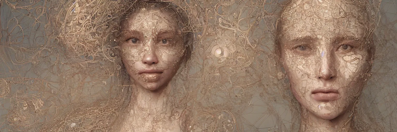 Image similar to The face of a very beautiful goddess radiating an artwork made from layers of technical drawings and architectural plans, very detailed and intricate with callout texts, leaders, arrows and bubbles by James Jean and Ross Tran and WLOP , hyperrealism, subsurface scattering, octane render, bokeh, 8k, xparticles