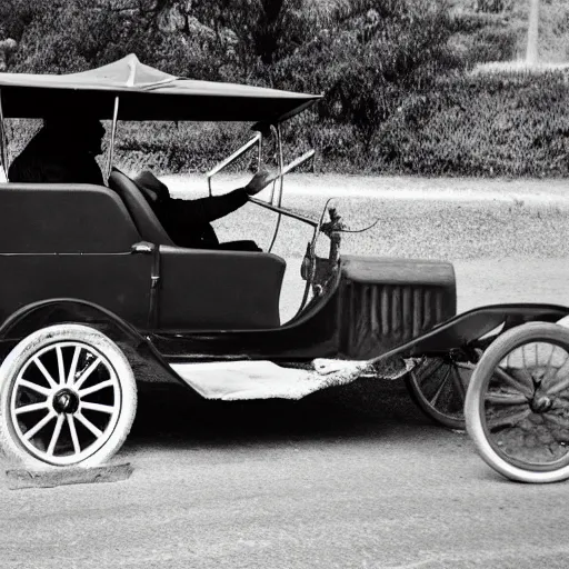 Image similar to a quokka, driving a model t ford, black and white photograph