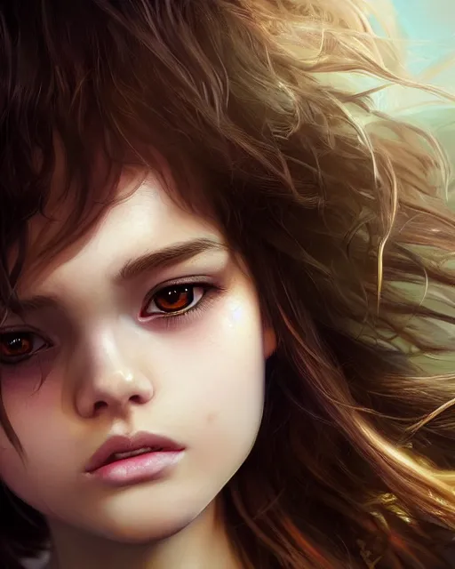 Prompt: 1 5 - year old girl with lush frizzy untamable brown hair, large front teeth, and bright piercing brown eyes, hyper realistic face, beautiful eyes, character art, art by artgerm lau and wlop and and ilya kuvshinov and john singer sargent, hyperdetailed, cryengine, trending on artstation, digital art