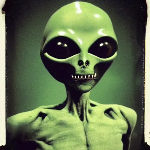 Image similar to polaroid of an alien, creepy, realistic,