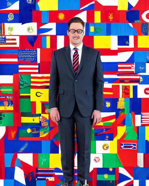 Prompt: a man in a suit and tie standing in front of flags, a character portrait by arlington nelson lindenmuth, reddit contest winner, private press, character, contest winner, adafruit - c 9. 0