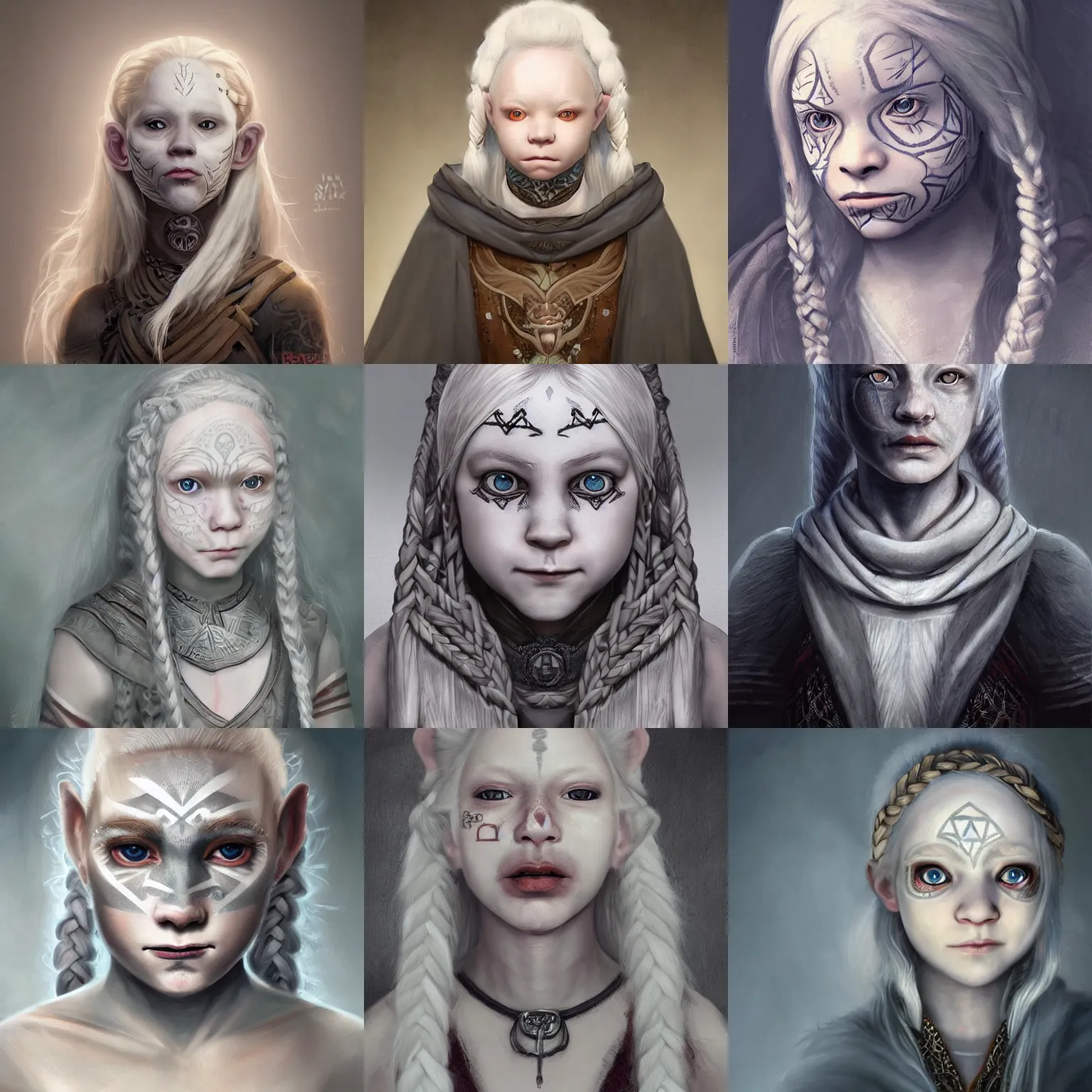 Prompt: realistic portrait of a young albino female halfling with redeyes and a grey!! cloak and geometric facial tattoos!!!!!! and white!!!! braided hair, haunted and sad expression, artgerm, cinematic lighting, 8 k