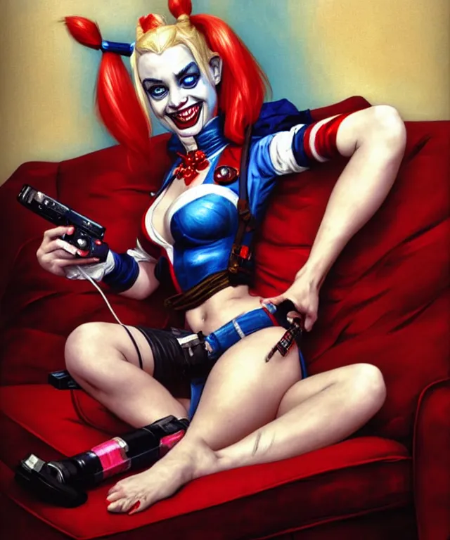 Prompt: tasteful Caricature of the beautiful Harley Quinn, playing video games on a couch, Harley Quinn is winning and laughing manically, fun, funny, highly detailed, digital painting, artstation, concept art, smooth, sharp focus, illustration, art by artgerm and greg rutkowski and alphonse mucha