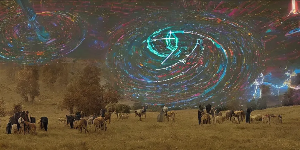 Prompt: A group of Ophanim with their wheels shimmering hovers over a group of shepherds in a field, Theophanes, screenshot of found footage, VHS, chromatic aberration, grainy, blurry, photo realistic, viral