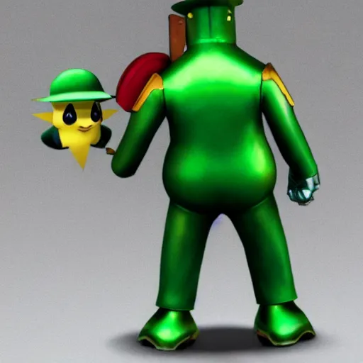 Image similar to A photorealistic green tin soldier from Team Fortress 2 saluting to Ash's Pikachu. Pikachu is drawn in an anime style and its head is replaced with the Heavy's head from Team Fortress 2. Pikachu is also happily saluting back at the tin soldier