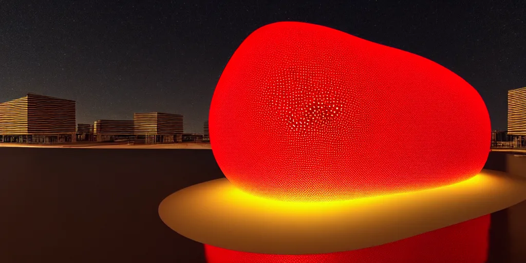 Image similar to An epic architectural rendering of a blob shaped trypophobia house with a mysterious red glow emitting from inside in a modern cityscape next to a river, stunning, gorgeous, golden ratio, photorealistic, featured on artstation, 4k resolution