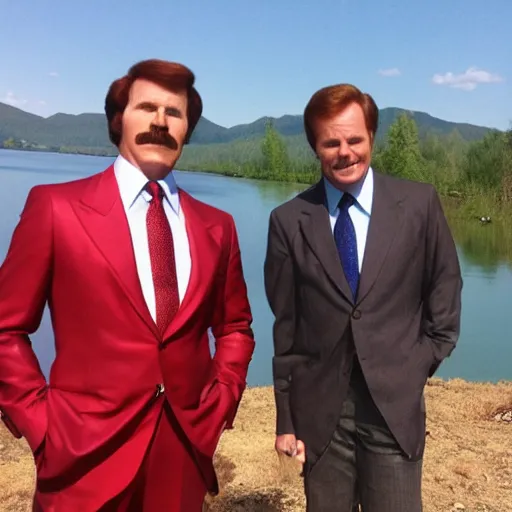 Prompt: Ron Burgundy standing near a lake with Champ Kind