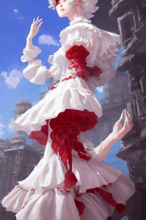 Image similar to a beautiful white frilled red dress girl is staring down from the top of a tall tower, extremely detailed and beautiful aesthetic face, seductive pose, super detailed eyes, low angle, highly detailed, digital painting, artstation, concept art, smooth, sharp focus, illustration, unreal engine 5, 8 k, art by hiroaki samura and jiro matsumoto
