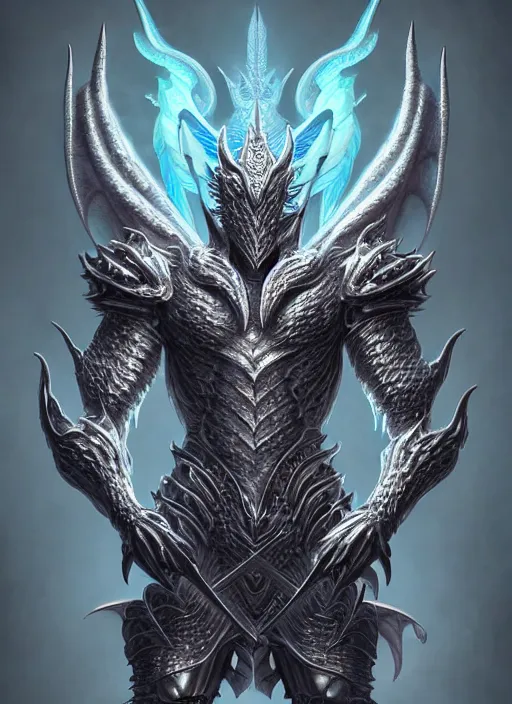 Image similar to muscular and tall ghostly humanoid dragon!!!! draconian!! intricate ornate iridescent heavy armor!! character concept art, sharp focus, octane render! unreal engine 5! highly rendered!! trending on artstation!! detailed linework!! illustration by artgerm, wlop, and chie yoshii