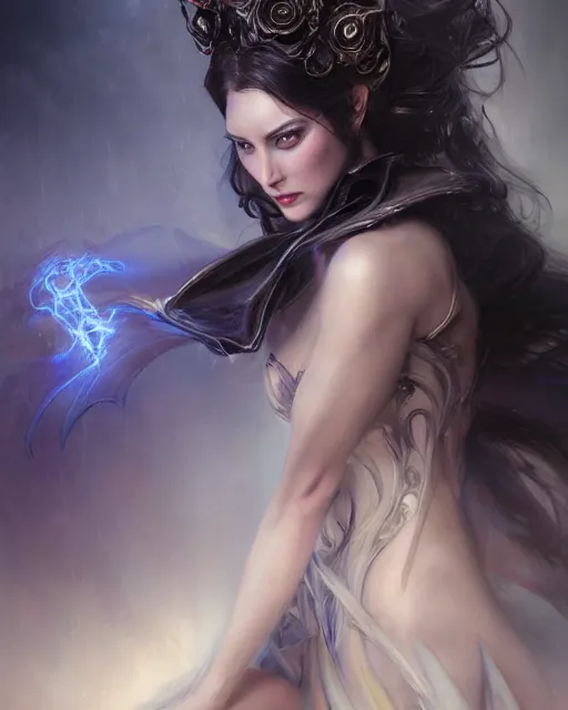 Image similar to daniel gerhartz and artgerm detailed portrait digital rococo painting of a beautiful serious villainess wearing fantasy clothing like liliana vess, villainess has black angel wings, evil mood, hellish battlefield in the background, embers flying, unreal engine, hyper realism, realistic shading, cinematic composition, blender render, octane render, detailed textures, photorealistic, ultrawide shot