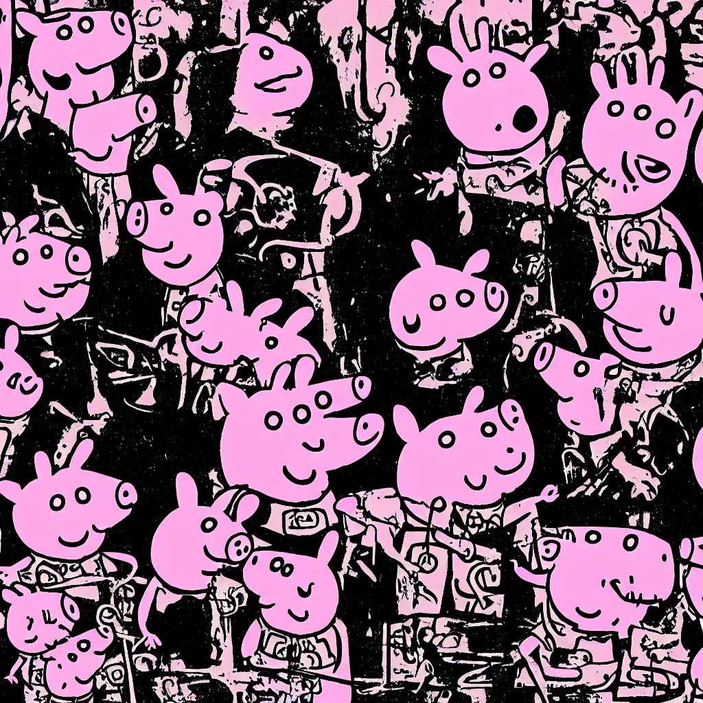 Image similar to Peppa the pig in a black metal band