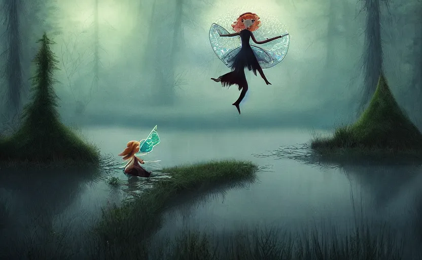 Prompt: a fairy riding a heron high over a misty nighttime lake, ambient lighting, light bloom, cool lighting, in the style of fantasy art and Over the Garden Wall!!