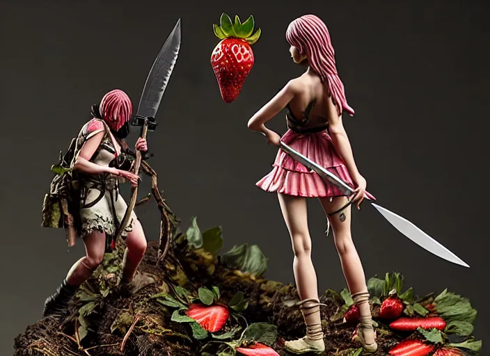 Prompt: a dramatic femo figurine of a cute funny spear wielding strawberry fairy survivalist with bandages wearing a dirty floral torn dress featured on left 4 dead by studio ghibly and gamesworkshop, carrying survival gear, wearing strawberry backpack, using a modelling knife as a spear, dark foreboding atmosphere, 🎀 🗡 🍓 🧚