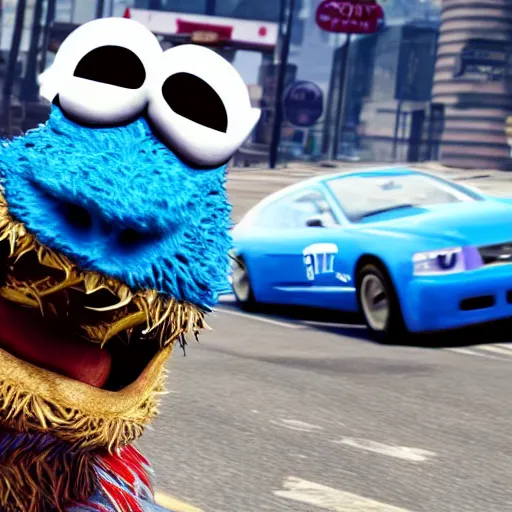 Prompt: cookie monster in gta 5 cover photo 8 k hyperdetailed photorealism