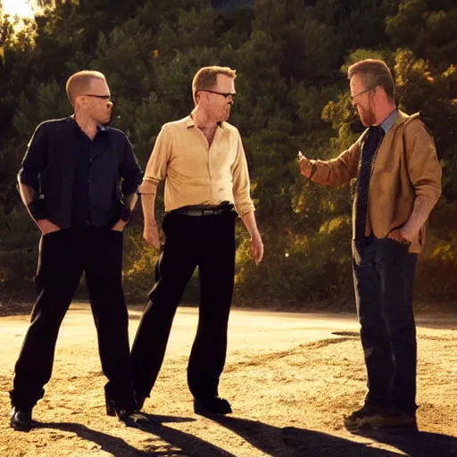 Prompt: movie still of Jack Bauer and Walter White arguing, 4k, golden hour