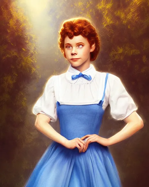 Prompt: dorothy from the wizard of oz, perfect face, blue dress over white shirt, cinematic, stunning, highly detailed, digital painting, artstation, smooth, hard focus, illustration, art by jessica rossier and and brian froud