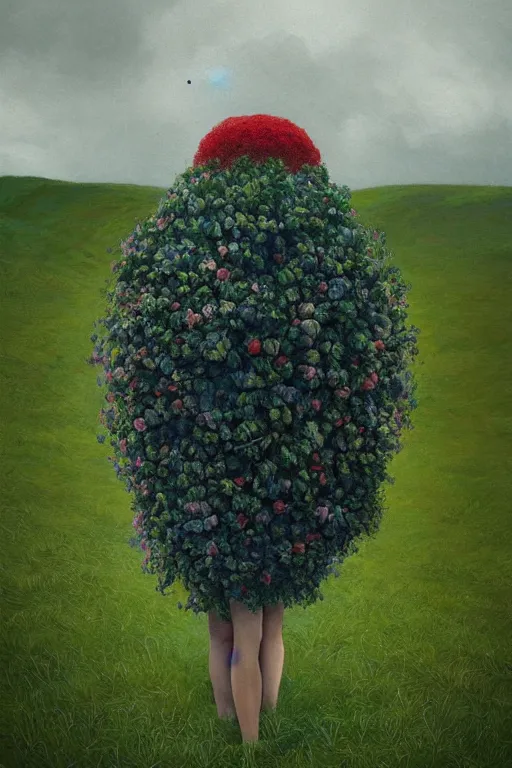 Image similar to portrait, giant flower head, a girl with coat between hedges, surreal photography, wind and cold, dramatic sky, impressionist painting, digital painting, artstation, simon stalenhag