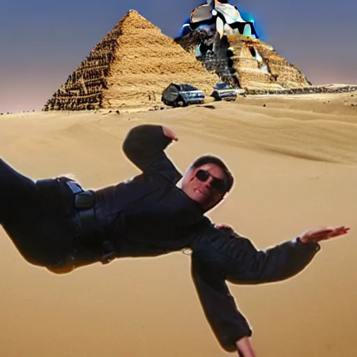 Prompt: photo of inflatable tom cruise floating above the pyramids