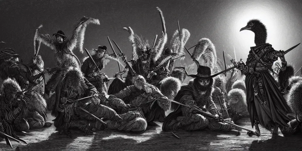 Image similar to a gang of emu banditos, d & d, fantasy, intricate, artstation, sharp focus, digital art, gustave dore, caravaggio,