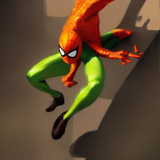 Image similar to an orange and green spiderman by greg rutkowski