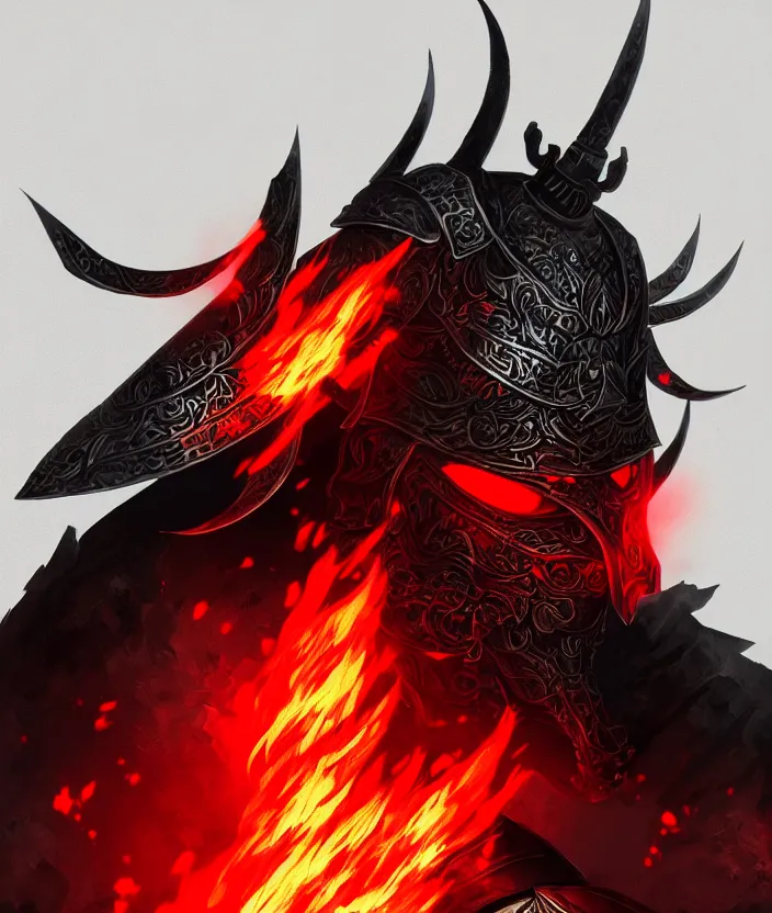 Image similar to a detailed manga portrait illustration of a dark warrior in black plated armour surrounded by red flames, trending on artstation, digital art, 4 k resolution, detailed, octane render, high quality, sharp focus, hq artwork, insane detail, concept art, character concept, character illustration