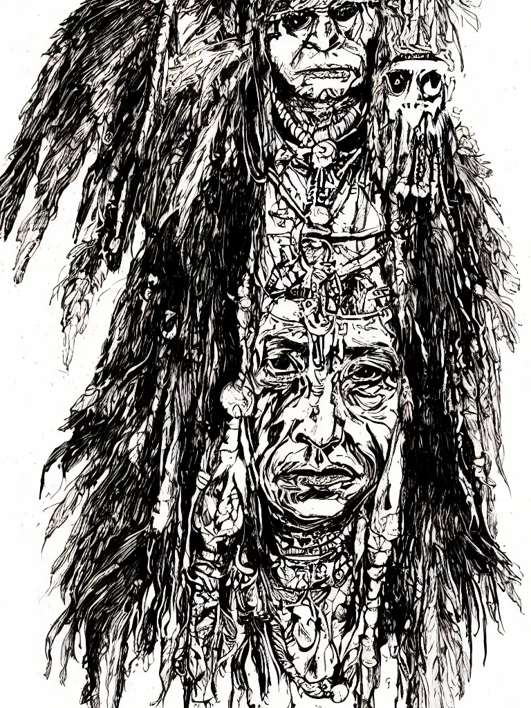 Image similar to a detailed loose wild messy ink sketch portrait of a Native American shaman wearing a bone breastplate in the style of Ralph Steadman, caricature, dramatic with desert colors