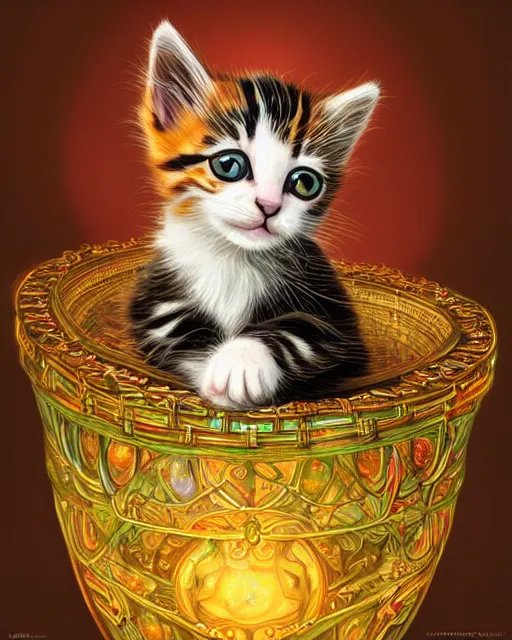 Image similar to cute kitten inside an ornate flying balloon basket of iridescent liquid, alchemy, shiny plastic, intricate, bloom, detailed, volumetric lighting, sharp focus, photorealism, digital painting, highly detailed, concept art, by by artgerm and wlop