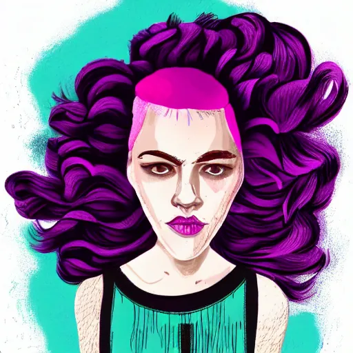 Prompt: illustration of a woman with pink hair and purple eyebrows in the style of natalie foss