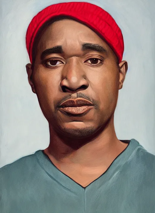 Image similar to a portrait painting of Q-Tip from A Tribe Called Quest by John Currin