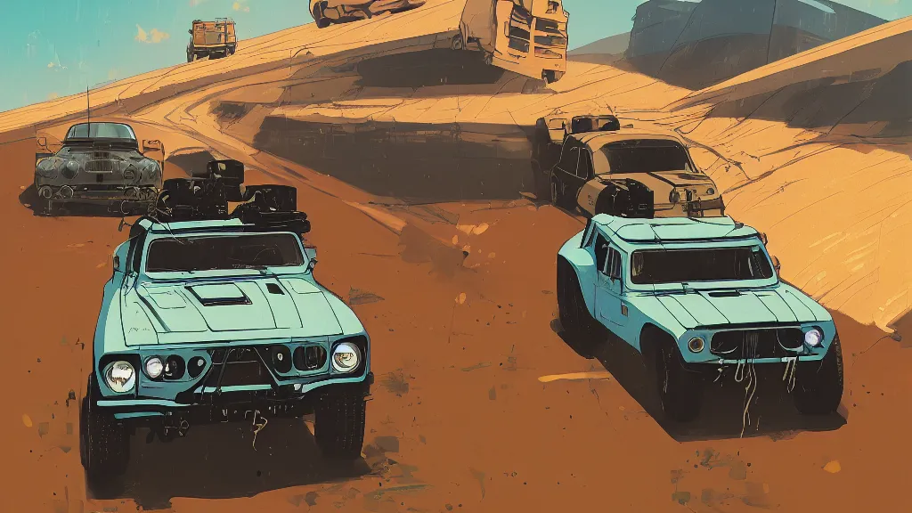 Image similar to digital illustration of mad max's fj 4 0 pursuit special, the last v 8 interceptor driving down a deserted valhalla highway in the middle of the day by studio ghibli, anime style year 2 0 9 3, by makoto shinkai, ilya kuvshinov, lois van baarle, rossdraws, basquiat