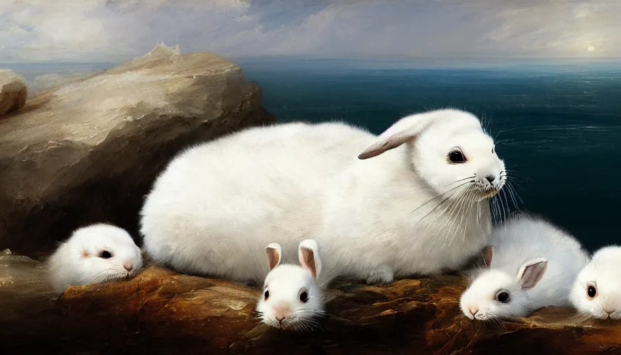 Prompt: highly detailed painting of cute furry white baby seal rabbits cuddling into each other on a blue and white iceberg by william turner, by greg rutkowski, by william constable, thick brush strokes and visible paint layers, 4 k resolution