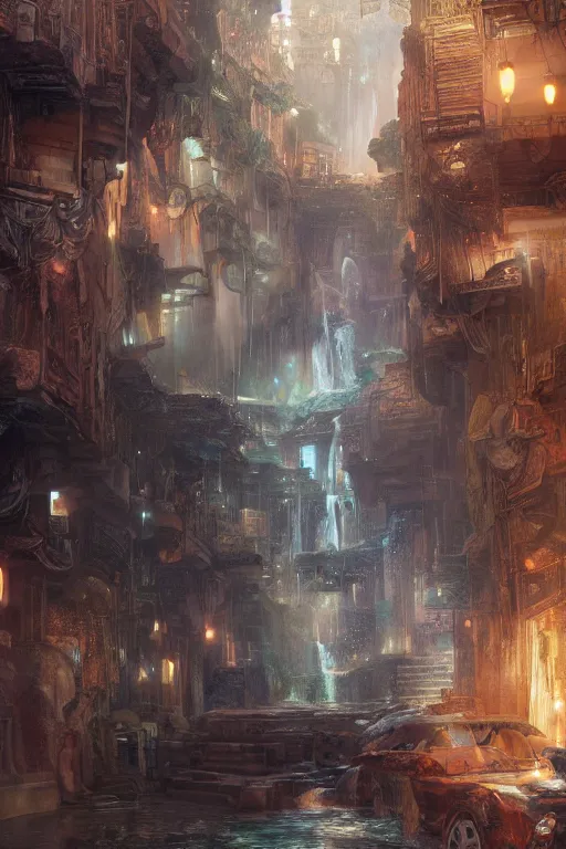 Image similar to inside the antique street of atlantis the city of water, waterfall, intricate, elegant, volumetric lighting, digital painting, highly detailed, artstation, sharp focus, illustration, concept art, ruan jia, steve mccurry