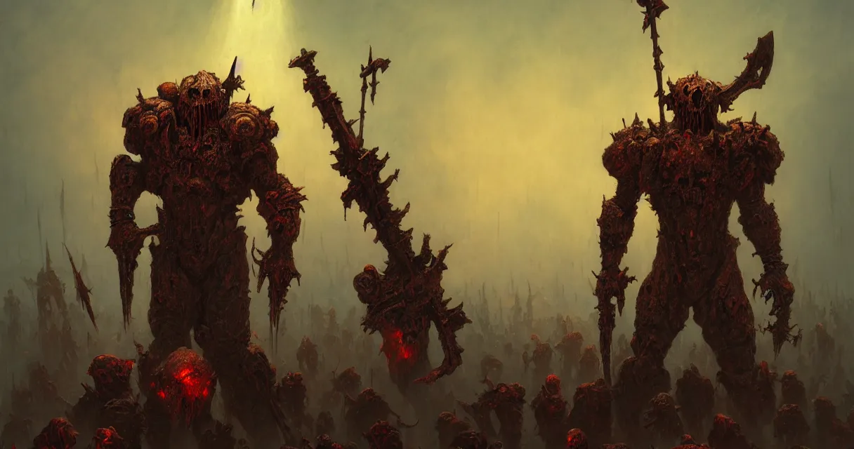 Image similar to painting of doom slayer wearing his armor standing on top of a pile of demon corpses, heroic pose, by Zdzislaw Beksinski, id software, gothic, amazing details, volumetric lighting, 8k, cold hue's, warm tone gradient background