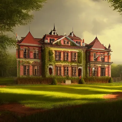 Image similar to matte painting of a countryside landscape of a noble estate with xix century manor. fantastical, elegant elaborate, red brick, opulent, verdant lawn. sharp focus, smooth detailed digital art trending in artstation