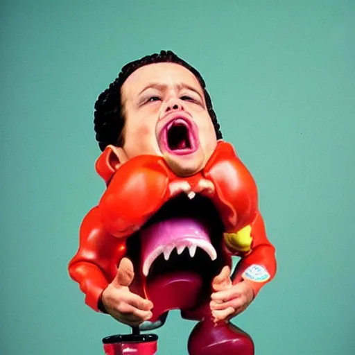 Prompt: crazy toy Pop Figure characterdesign, screaming with drooling mouth open happy, in a Studio by David lachapelle, 90s