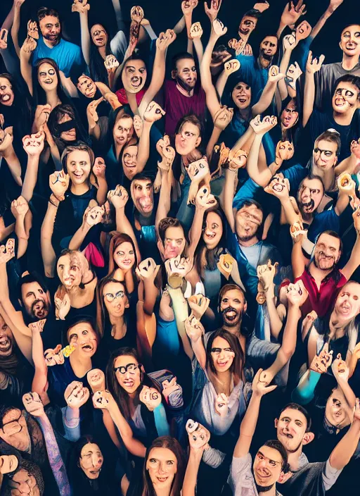 Image similar to group portraits, groups of diverse happy humans hands in the air holding large beautiful images, letters floating, highly detailed, super realistic, futuristic hall, perfect lighting pixel sorting